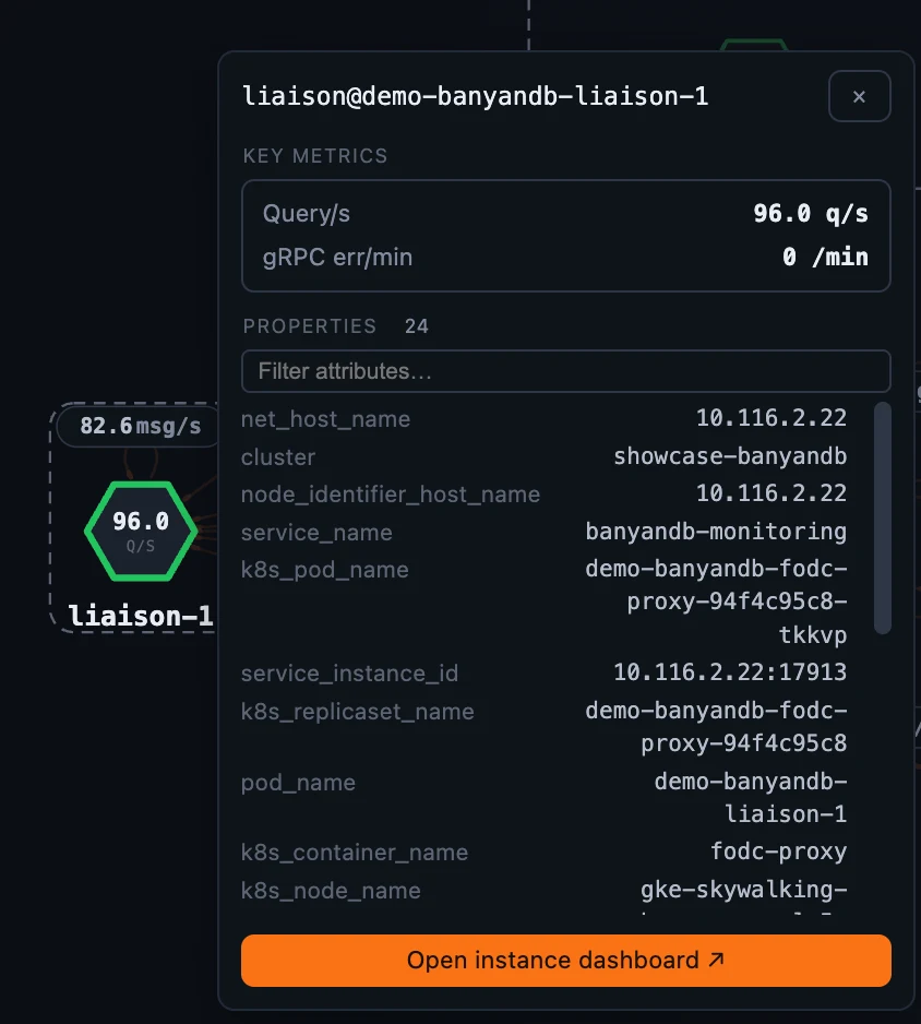 data/liaison 节点的 Container 仪表盘，在共享 CPU / memory / Go-runtime 资源面板上方显示角色专属的 ingestion / storage 面板。
