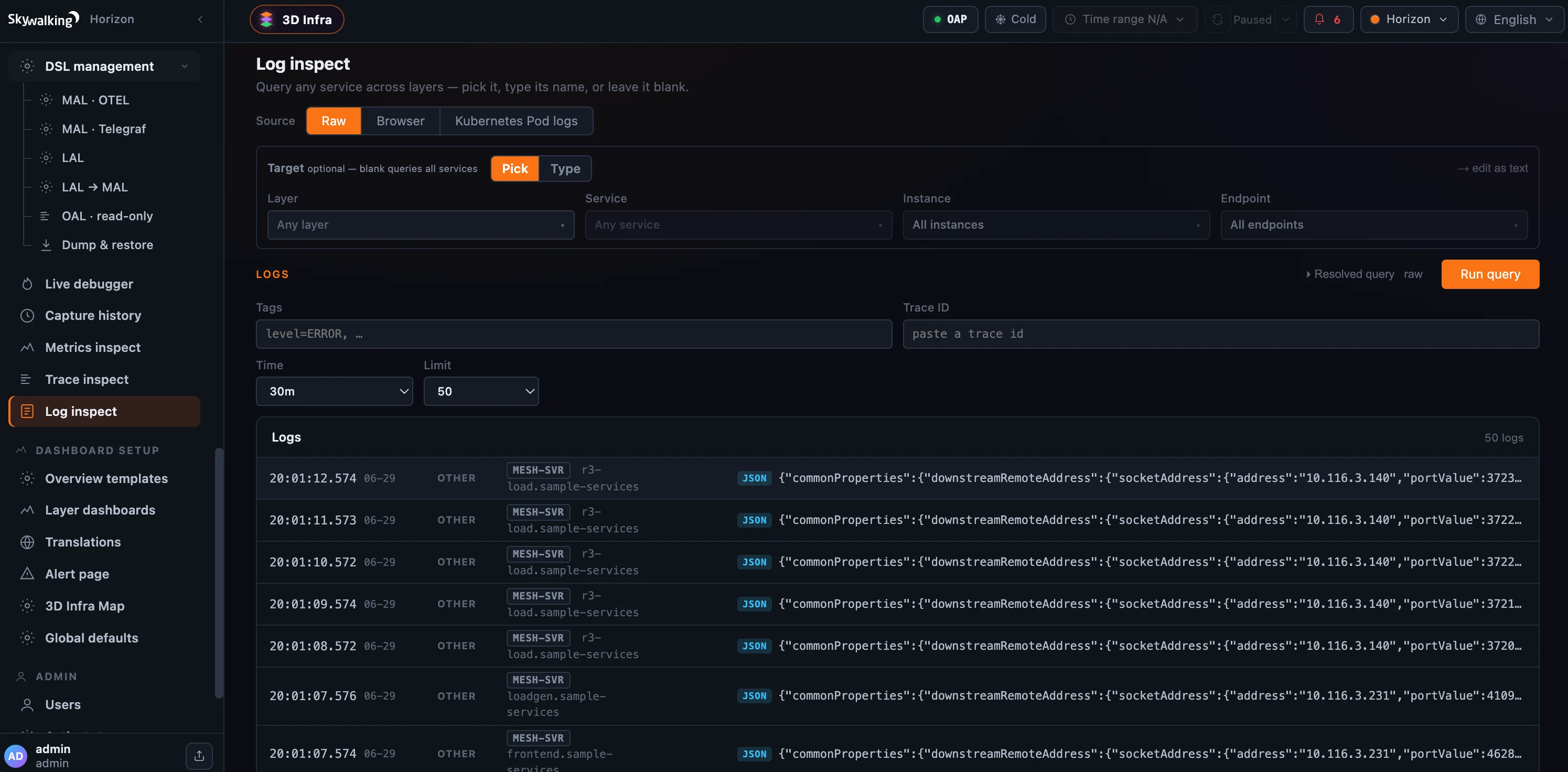 图 4：Log inspect 的 Raw source：Raw / Browser / Kubernetes Pod logs 三种来源切换、留空 target，以及跨 service 的日志流。