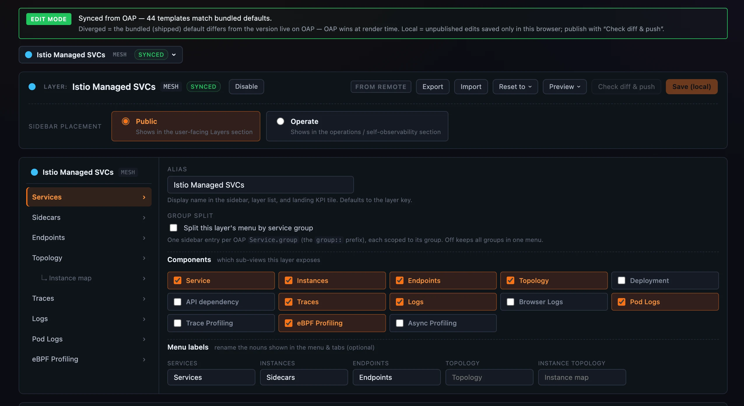 图 1：Layer dashboards 管理页：顶部有 Save/Reset/Preview/Check-diff-and-push 控制，下面是 layer 配置，包括组件开关、alias 和菜单文案重命名。